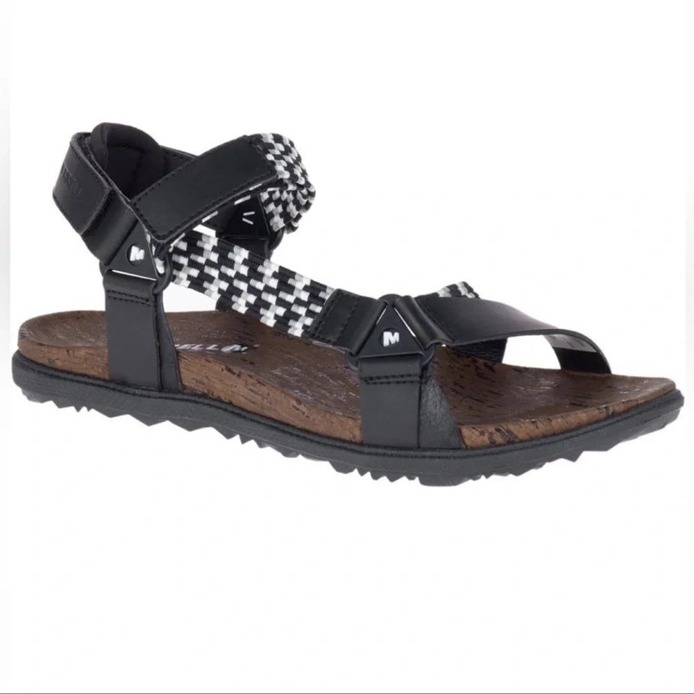 Merrell Women's Black White Around Town Sunvue Woven Strappy Sandals sz 8